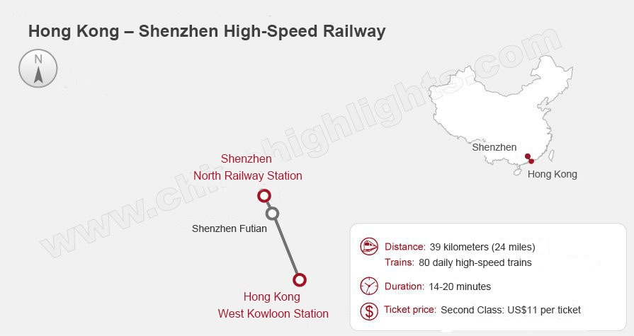 Shenzhen to Hong Kong High-Speed Train Route Map, China train